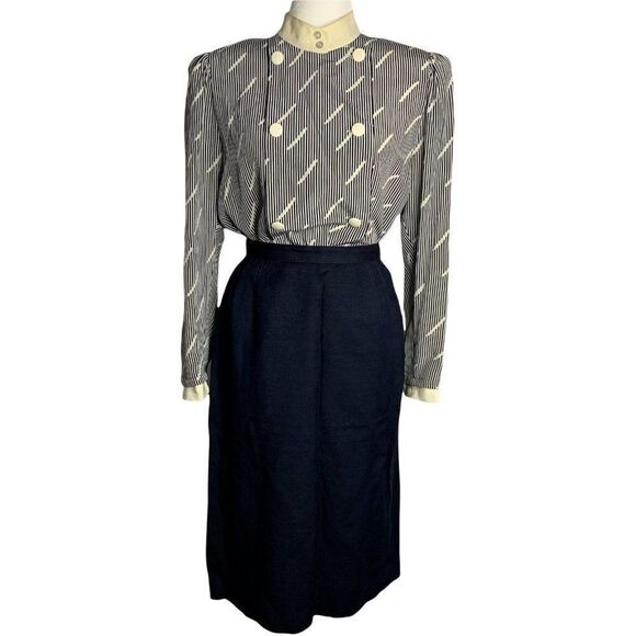 Louis Feraud Dresses & Skirts - Vintage 80s Louis Feraud Top Skirt Set 12 Navy Blue Linen Silk Stripe